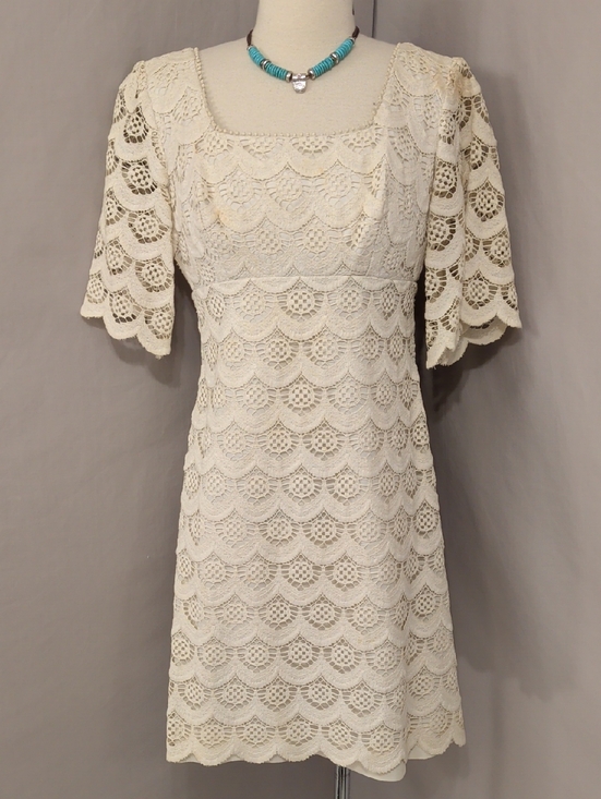 Vintage Dresses & Skirts - Vintage Cotton  Crochet Lace Mini Dress in Cream 60s 70s Scalloped Edge Lined